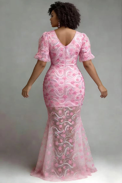 Back view RoselleDress pink mermaid gown deep v back zipper closure 3D flower applique tulle plus size wedding guest maxi dress