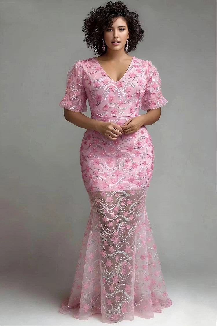 RoselleDress pink plus size prom dress v neck flutter short sleeve sheer tulle skirt 3D floral rhinestone mermaid formal evening gown