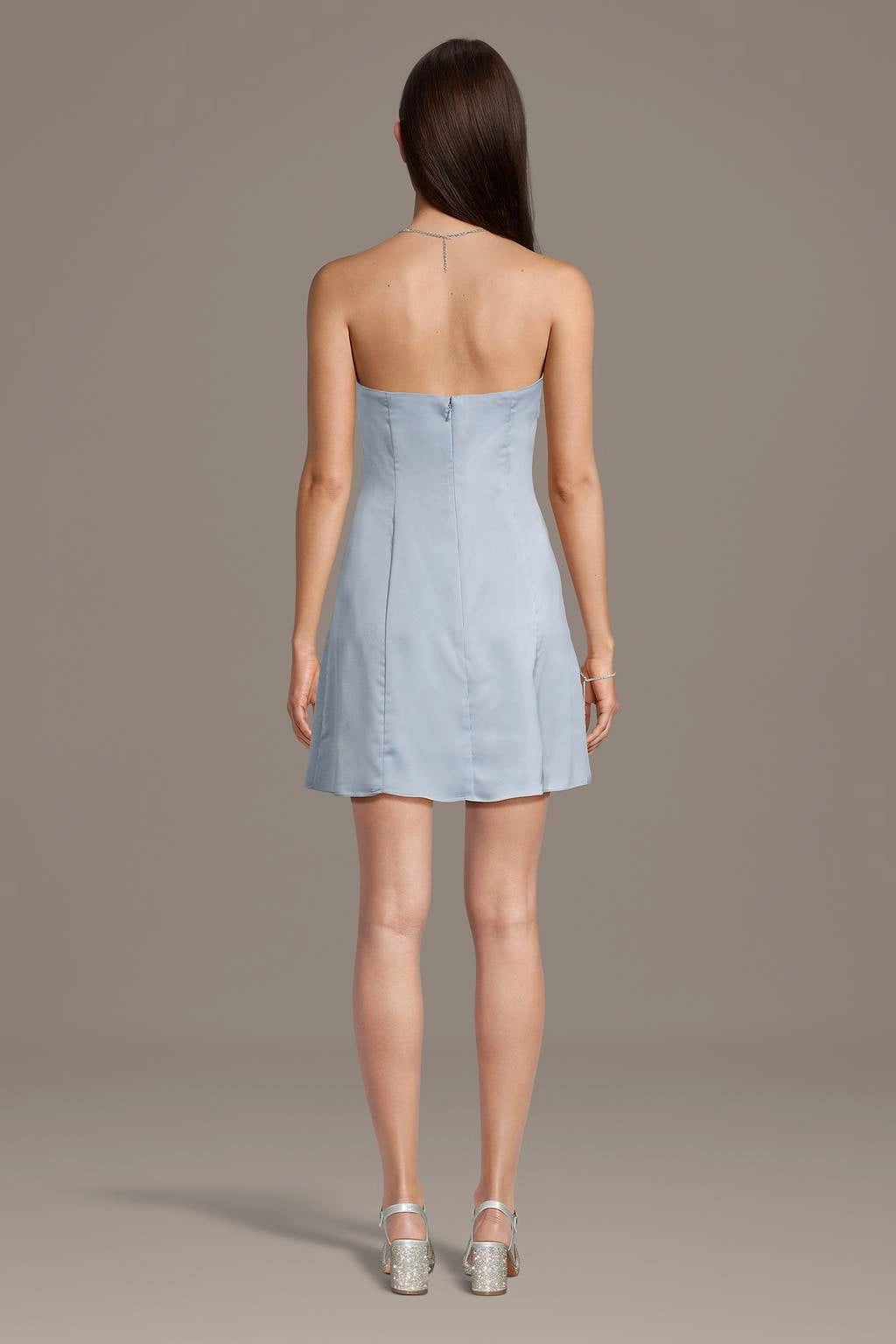roselledress light blue satin mini dress seamless plain full open back center invisible zipper wedding guest dress back shot