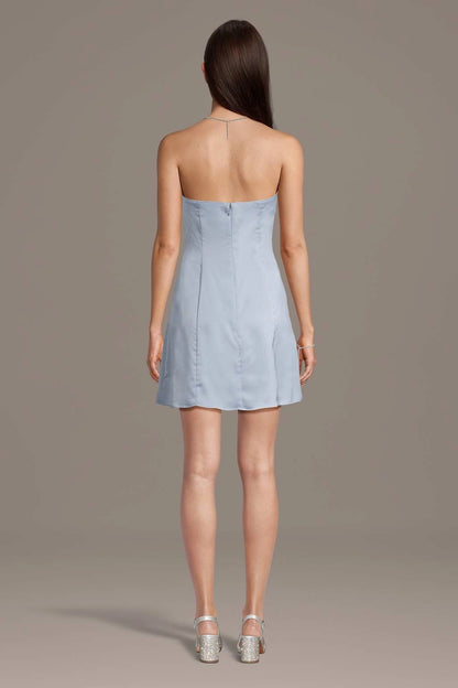 roselledress light blue satin mini dress seamless plain full open back center invisible zipper wedding guest dress back shot