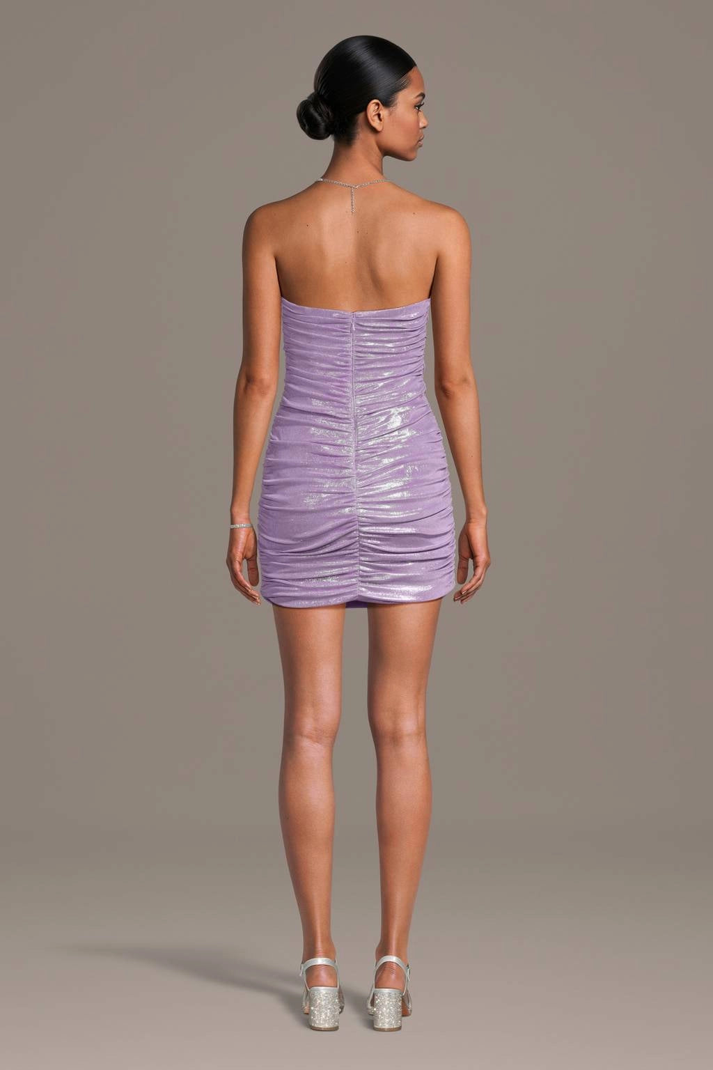 roselledress lilac strapless ruched metallic bodycon mini homecoming dress zip back view