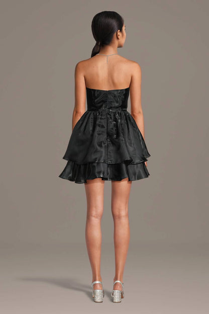 roselledress black strapless twist cutout a line satin mini homecoming dress zip back view