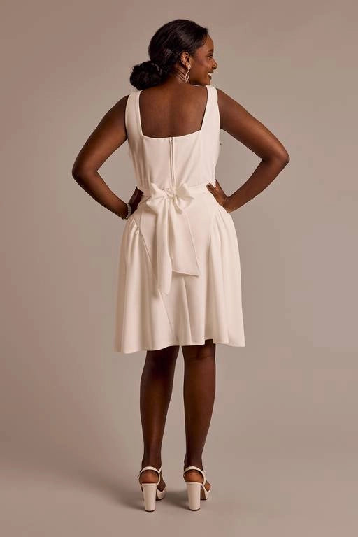 roselledress off white crepe mini dress seamless square open back fabric waist bow tie center invisible zipper wedding guest dress back view