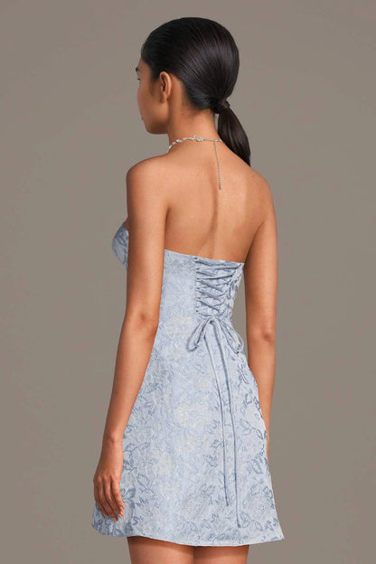 Light Blue A Line Strapless Sleeveless Lace Up Back Mini Homecoming Dress