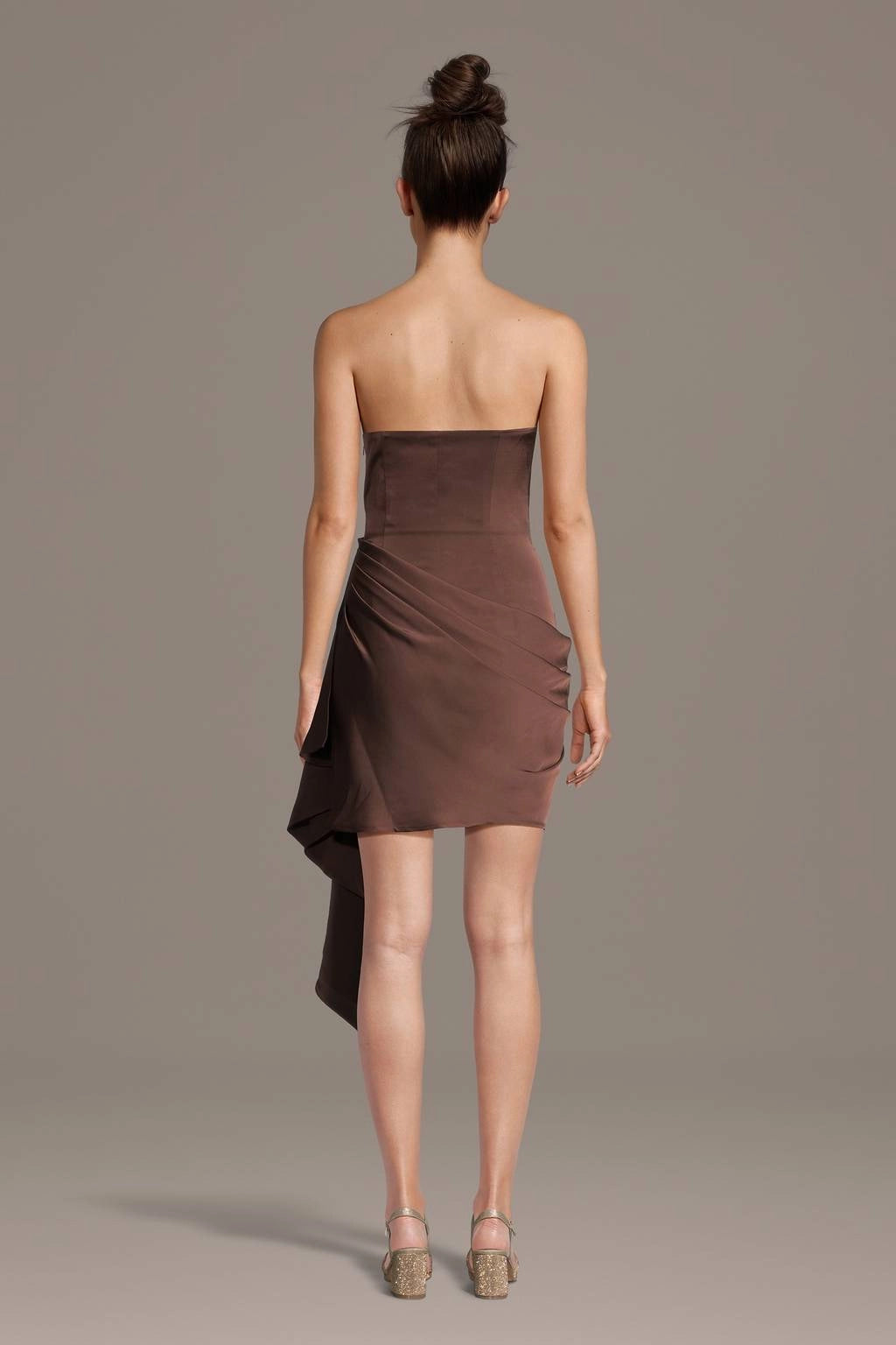roselledress brown satin mini dress seamless full plain open back matching draped fabric sash wedding guest dress back shot