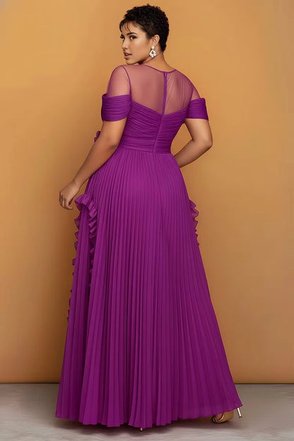 Back view RoselleDress pleated chiffon a-line gown sheer mesh back ruched bodice invisible zipper plus size evening dress