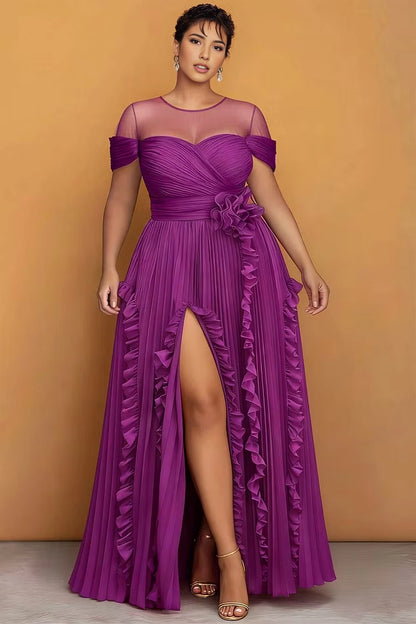 RoselleDress purple plus size formal gown illusion mesh neck off shoulder pleated chiffon dress ruffle trim high slit waist flower maxi dress