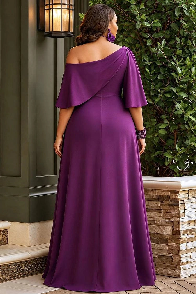 Back view RoselleDress plum one shoulder formal gown zip back draped ruffle sleeve flowy plus size mother of bride maxi dress