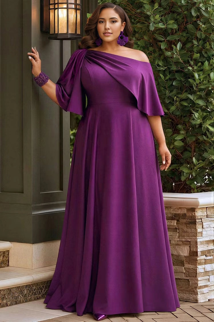 RoselleDress plus size formal dress purple stretch jersey one shoulder draped flutter sleeve A-line maxi evening gown