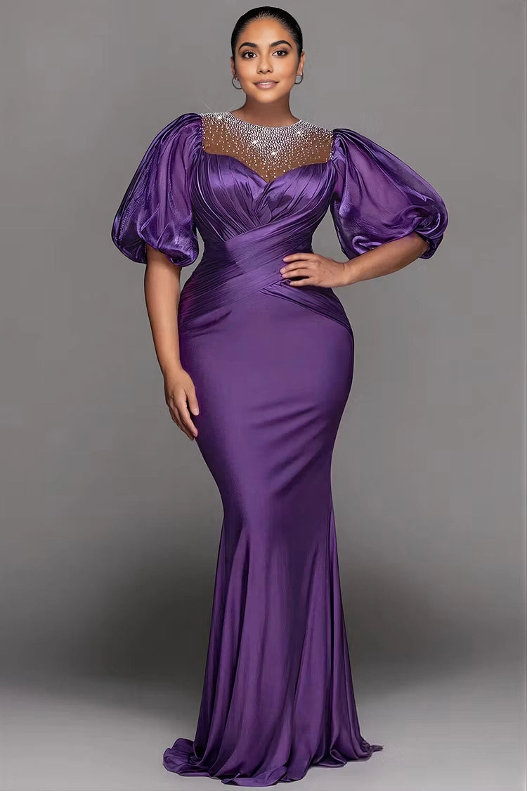 RoselleDress purple plus size evening dress beaded illusion neck ruched satin mermaid gown elegant puff short sleeve formal maxi dress