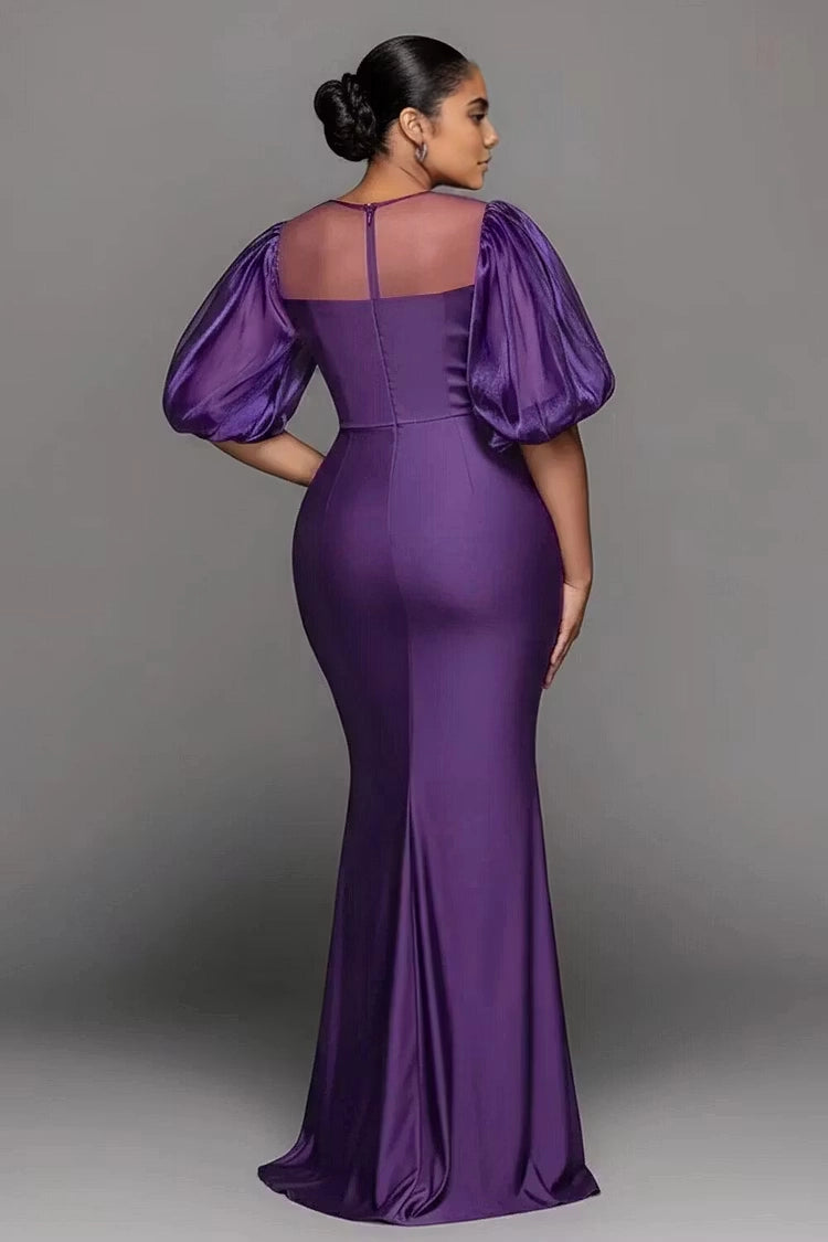 Back view RoselleDress satin mermaid dress sheer mesh keyhole back zipper closure puff sleeve plus size wedding guest evening gown
