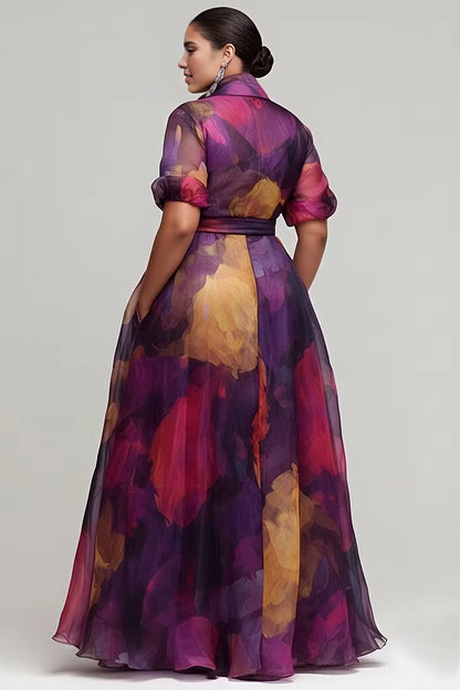 Roselledress watercolor floral mother of bride dress plus size collared back zipper flowy formal evening gown back view