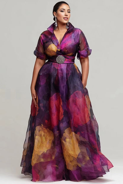 Roselledress purple floral print plus size a-line gown collared wrap v neck puff sleeve rhinestone belt organza maxi dress with pockets front view
