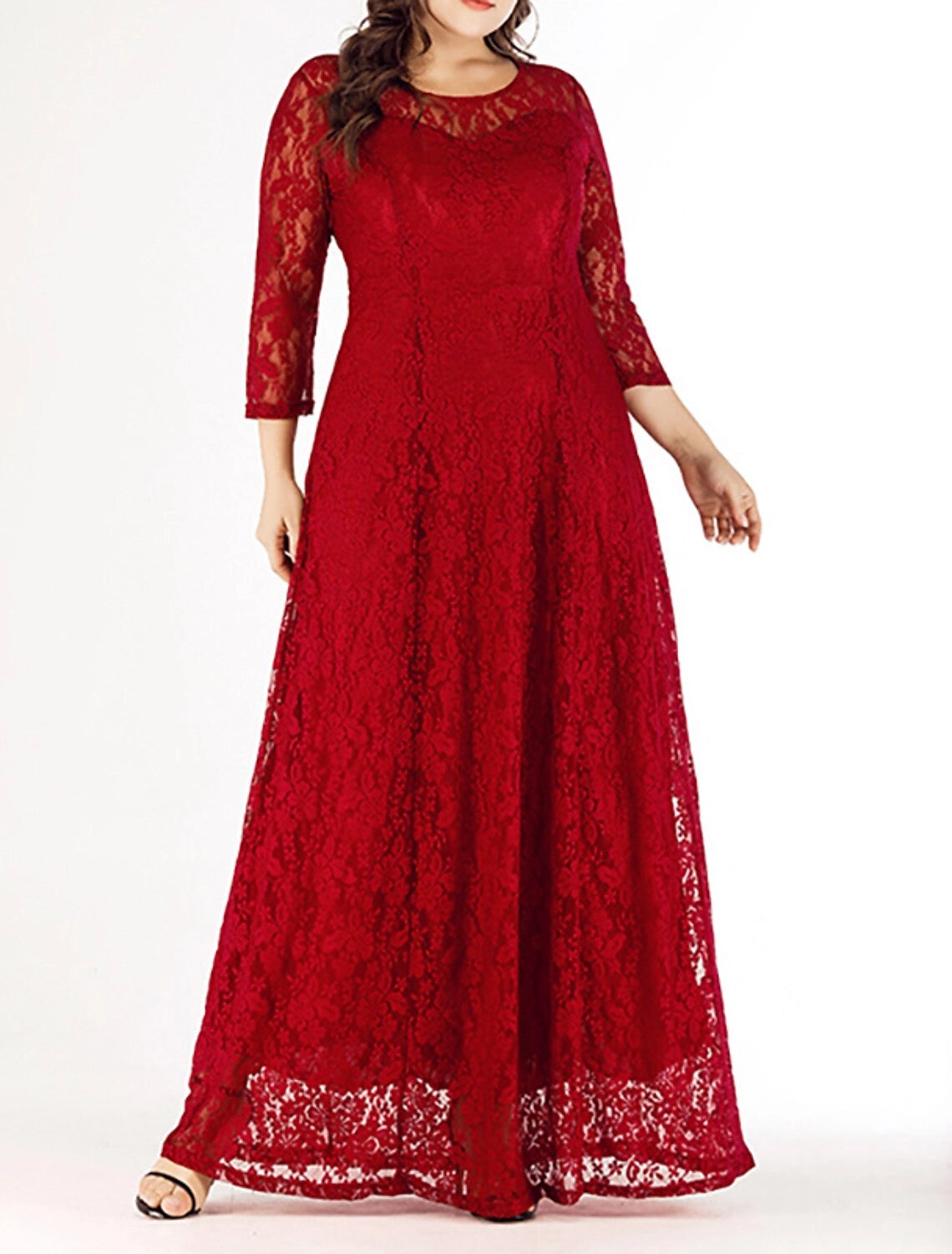 Roselledress red lace plus size wedding guest dress front view, illusion neck 3/4 sleeve a‑line long formal gown