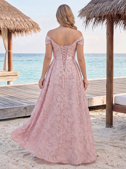 Roselledress dusty pink a-line bridesmaid dress back view, corset lace-up back off shoulder plus size formal wedding long dress