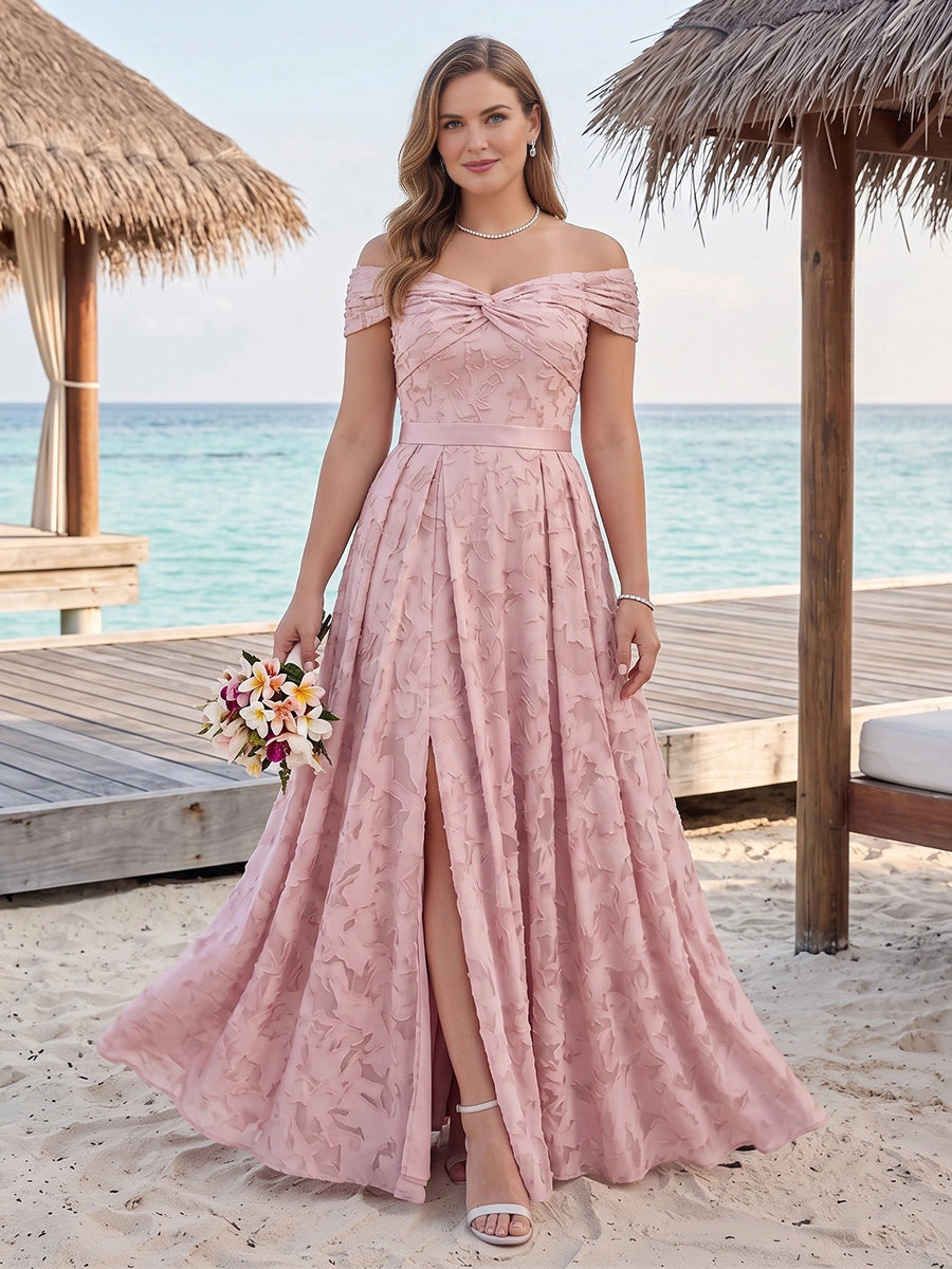 Roselledress dusty pink plus size bridesmaid dress front view, off shoulder twist bodice, front slit 3D floral a-line gown for beach wedding