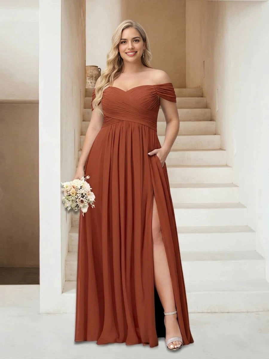 Roselledress terracotta plus size bridesmaid dress off shoulder chiffon long gown with slit and pockets front view