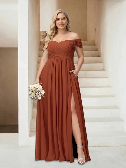 Roselledress terracotta plus size bridesmaid dress off shoulder chiffon long gown with slit and pockets front view