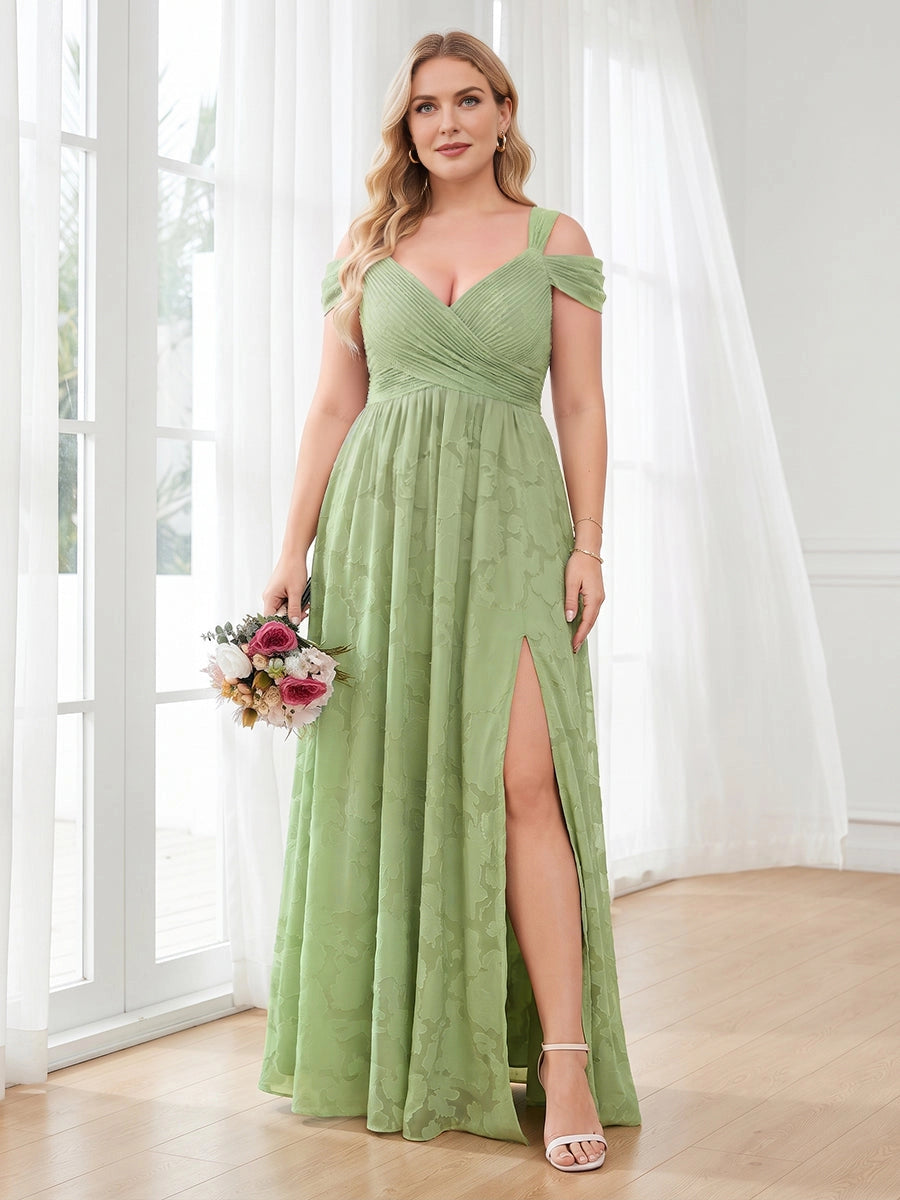 Roselledress sage green plus size bridesmaid dress off shoulder v neck ruched bodice floral chiffon a-line gown with side slit front view