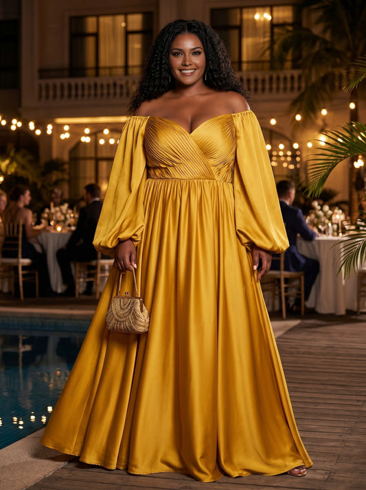 Roselledress bronze plus size prom dress off the shoulder long sleeve satin a line gown front view