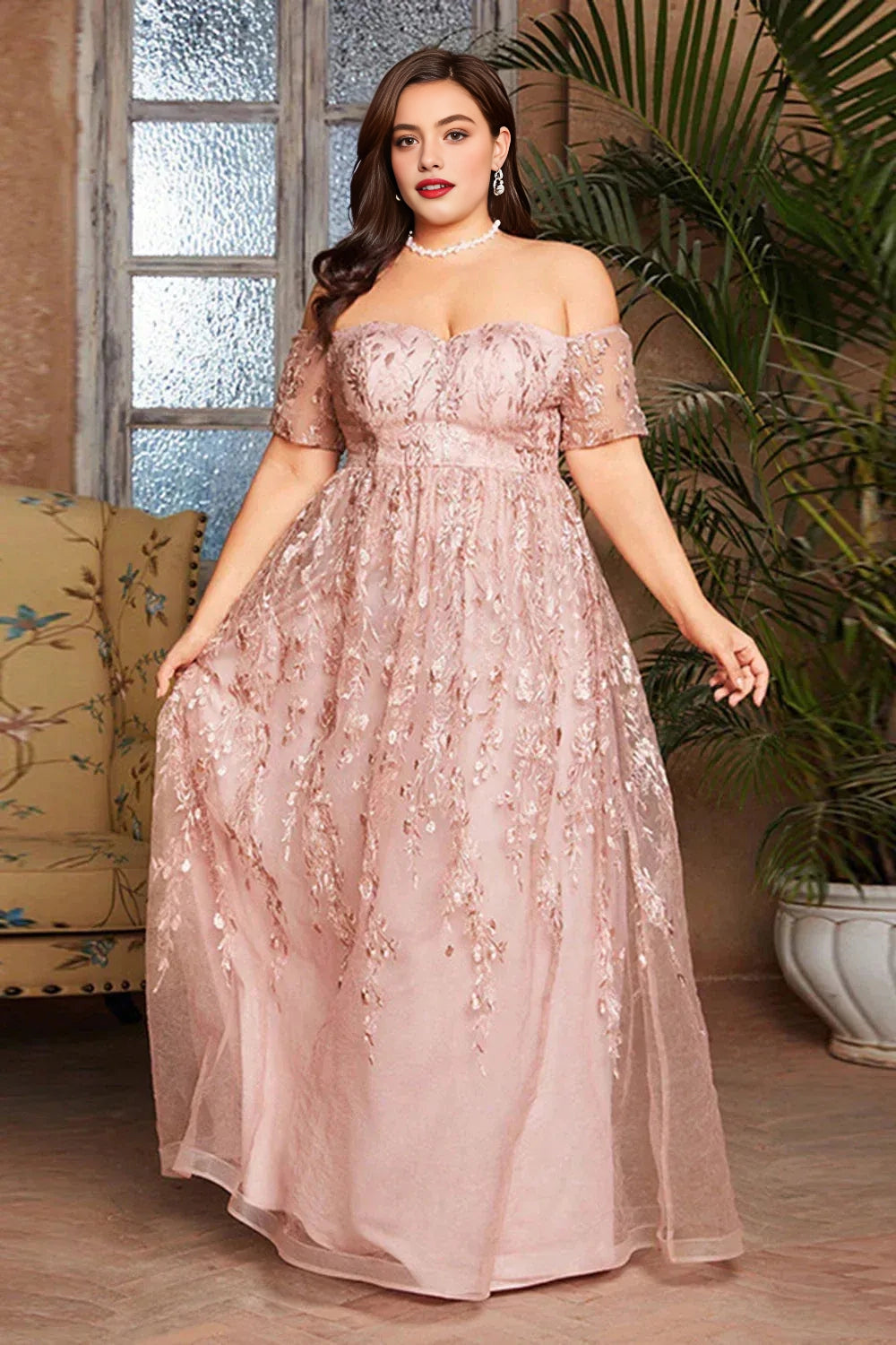 Roselledress plus size blush a‑line prom dress front view,off‑the‑shoulder short sleeve floral embroidery tulle formal gown