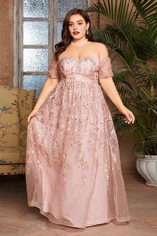 Roselledress plus size blush a‑line prom dress front view,off‑the‑shoulder short sleeve floral embroidery tulle formal gown