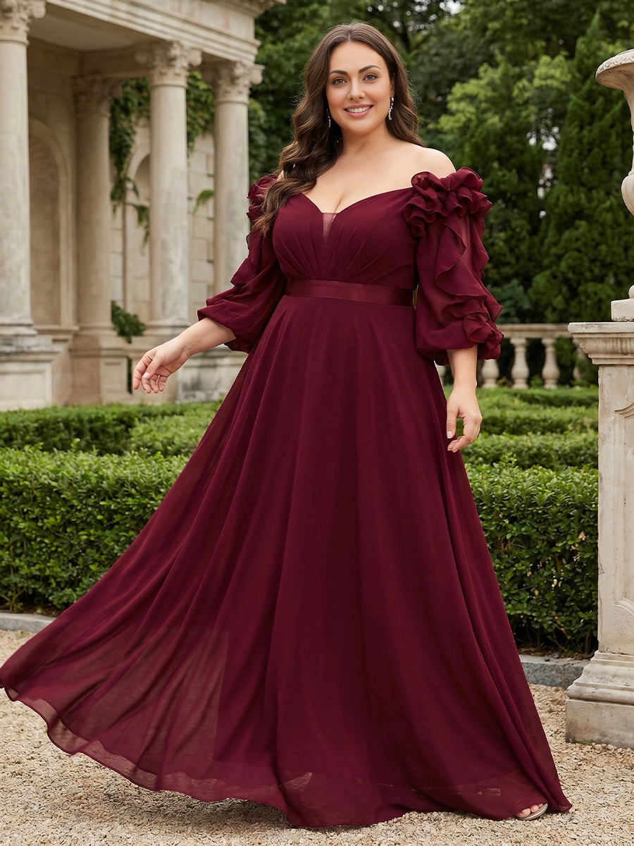 Roselledress burgundy plus size prom dress front view, off the shoulder ruffled 3/4 sleeve chiffon a-line long formal gown