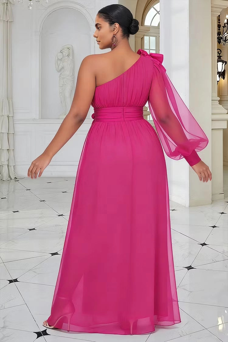Roselledress hot pink one shoulder bridesmaid dress back zipper plus size chiffon maxi party gown back view