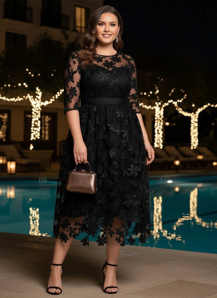 Roselledress black plus size mother of bride dress round neck 3/4 sleeve 3d floral lace a line midi gown front view