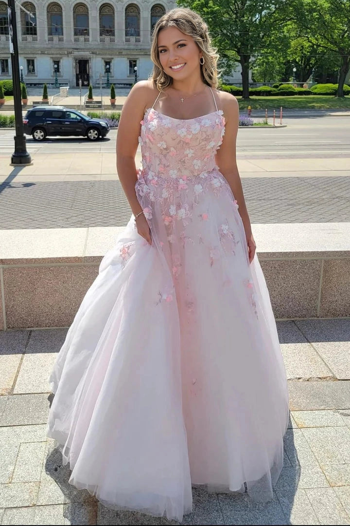 Roselledress pastel 3d floral tulle prom dress front view,scoop neck spaghetti strap a‑line long formal evening gown