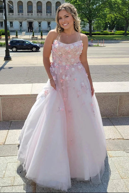 Roselledress pastel 3d floral tulle prom dress front view,scoop neck spaghetti strap a‑line long formal evening gown