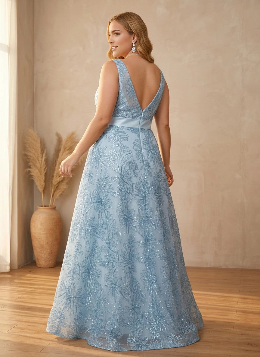 Roselledress sequin tulle formal dress plus size deep v back zipper bridesmaid long dress back view