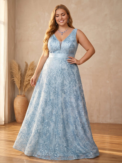 Roselledress dusty blue plus size wedding guest dress sleeveless v neck sequin floral lace a line gown front view