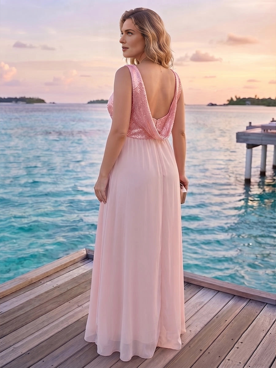 Roselledress chiffon formal dress plus size deep twist V open back beach wedding guest long dress back view