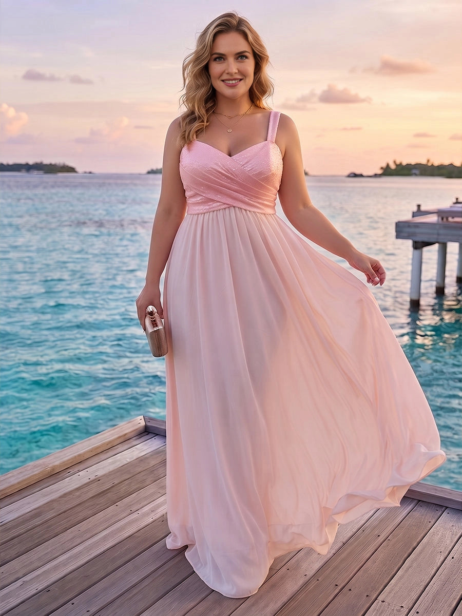 Roselledress blush plus size bridesmaid dress spaghetti strap wrap sequin bodice chiffon a-line gown front view