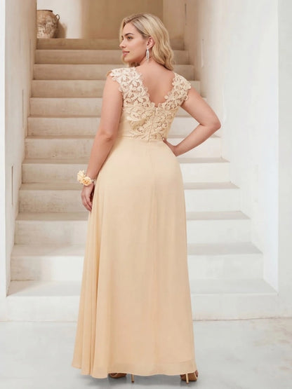 Roselledress cream plus size chiffon formal dress lace v-back zipper floor length wedding guest dress back view