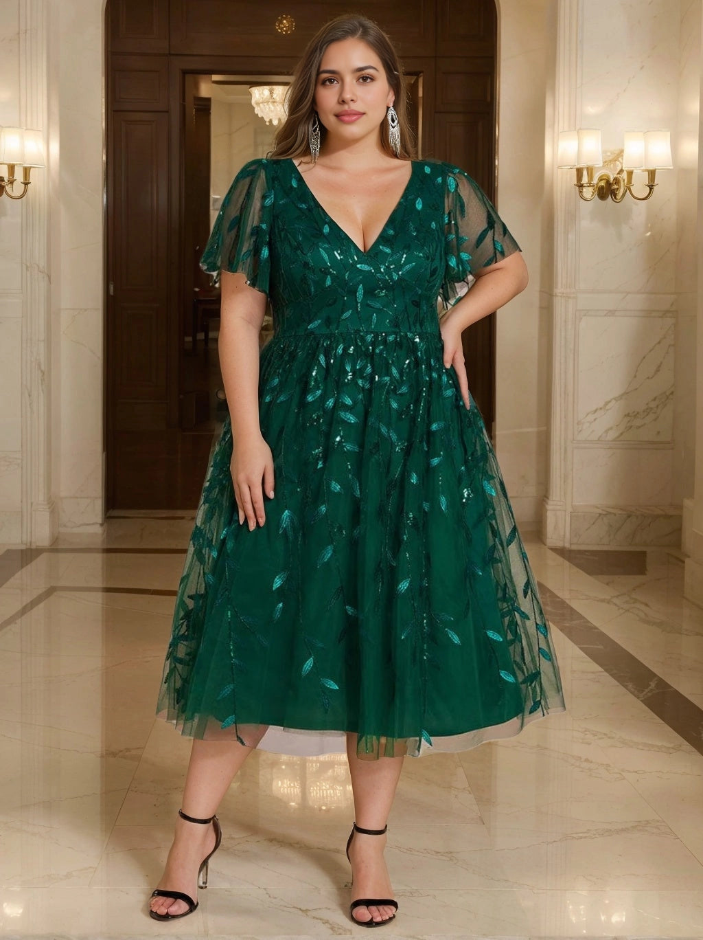 Roselledress emerald green plus size formal midi dress v neck flutter sleeve leaf sequin tulle gown front view