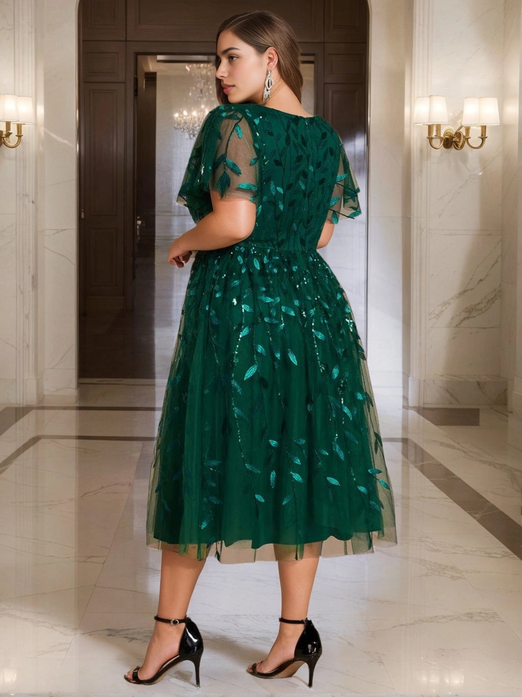 Roselledress dark green plus size sequin cocktail dress round back zipper evening party dress back view