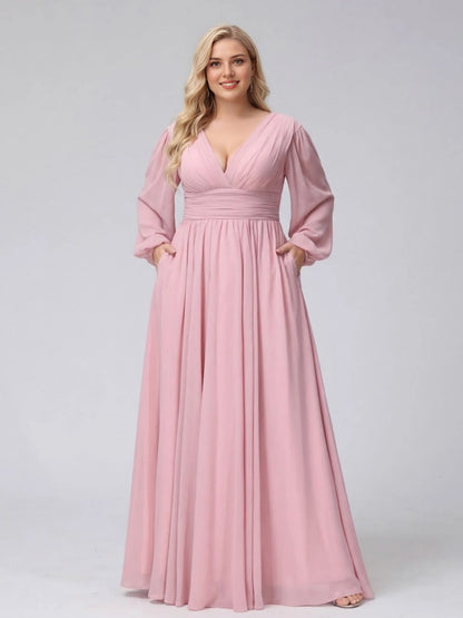 Roselledress dusty pink plus size chiffon bridesmaid dress v neck long sleeve a-line gown with pockets front view