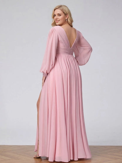 Roselledress blush plus size long sleeve formal dress deep v back chiffon wedding guest gown back view