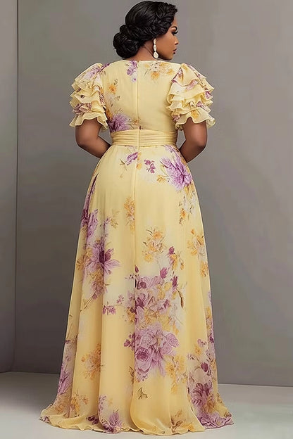 Roselledress floral chiffon formal dress v neck back zipper plus size high split wedding guest maxi dress back view