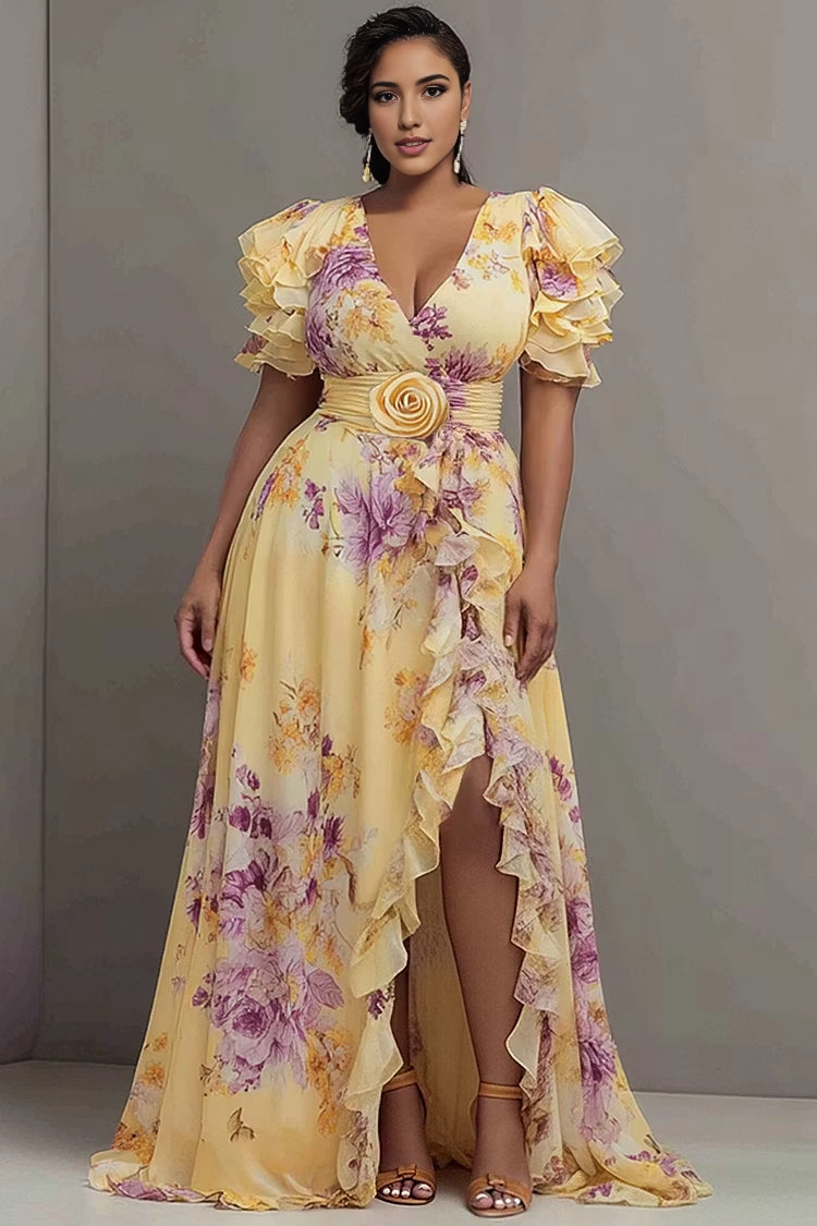 Roselledress yellow purple floral plus size maxi dress v neck tiered ruffle sleeves 3D flower waist chiffon gown front view