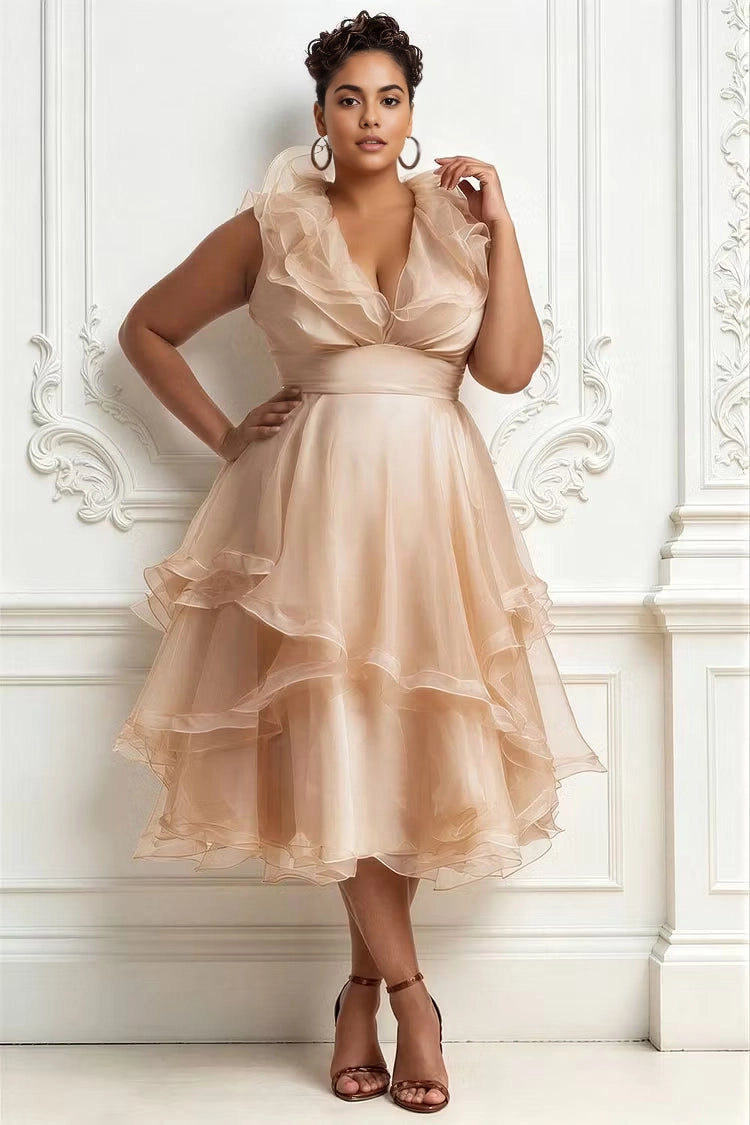 Roselledress champagne plus size cocktail dress sleeveless v-neck ruffled organza midi formal dress front view
