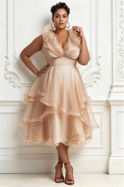 Roselledress champagne plus size cocktail dress sleeveless v-neck ruffled organza midi formal dress front view