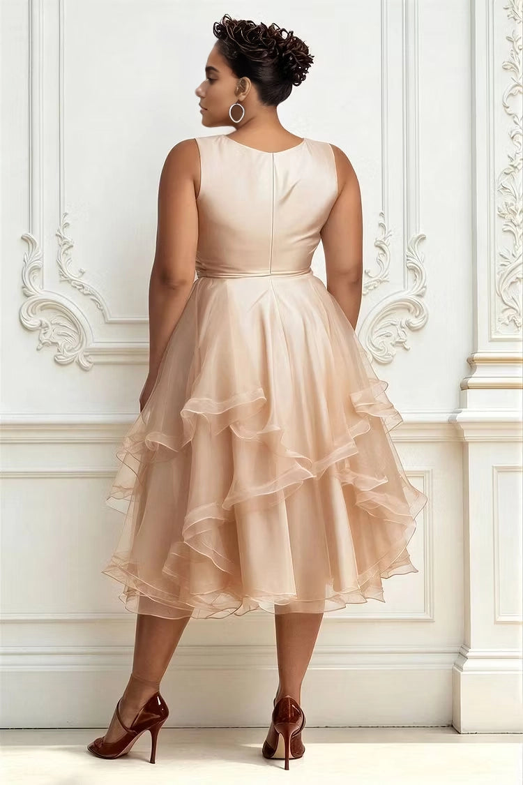 Roselledress nude a-line party dress layered ruffle skirt back zipper plus size wedding guest dress back view