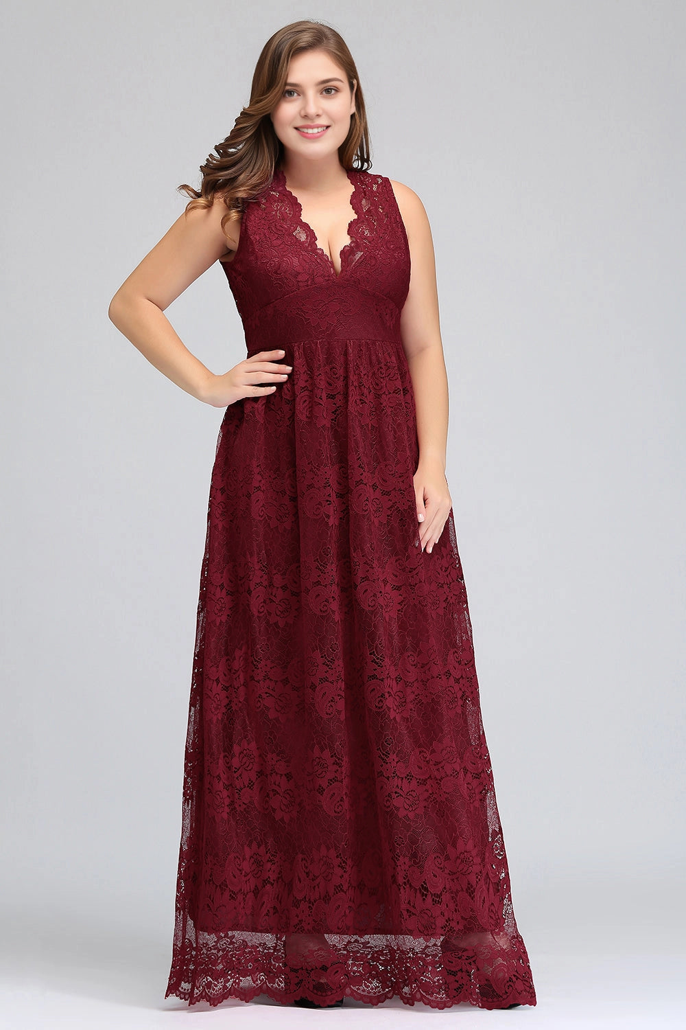 Roselledress burgundy plus size lace maxi dress sleeveless deep v-neck empire waist formal wedding guest dress front view