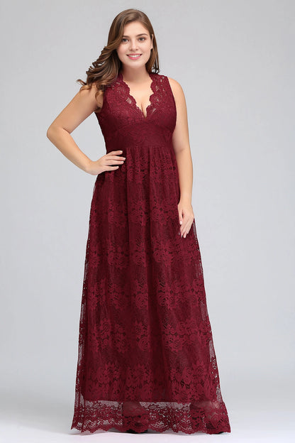 Roselledress burgundy plus size lace maxi dress sleeveless deep v-neck empire waist formal wedding guest dress front view