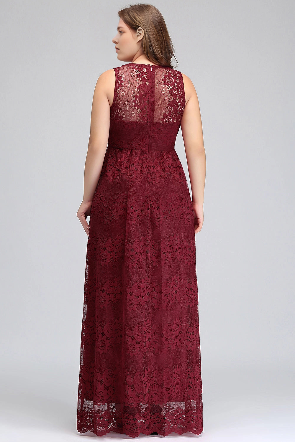 Roselledress wine red plus size sleeveless lace gown sheer lace back invisible zipper floor length party dress back view