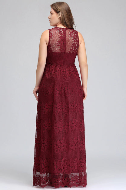 Roselledress wine red plus size sleeveless lace gown sheer lace back invisible zipper floor length party dress back view