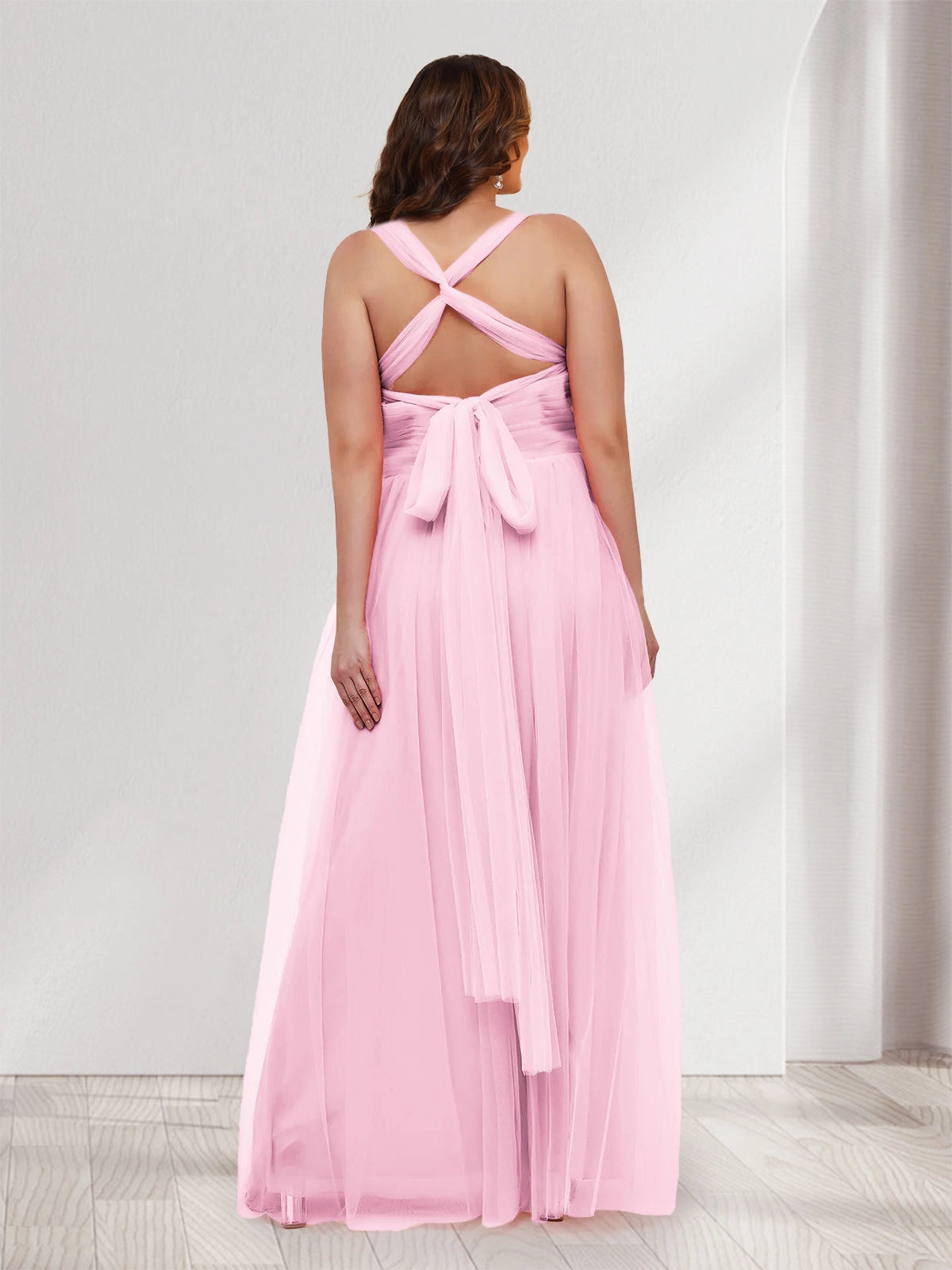 Roselledress blush tulle bridesmaid dress back view, crisscross open back tie bow plus size long wedding guest dress